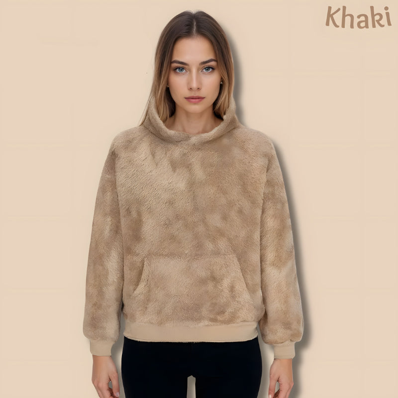 Qozify Fluffy Hoodie in beige, perfect for winter comfort and style